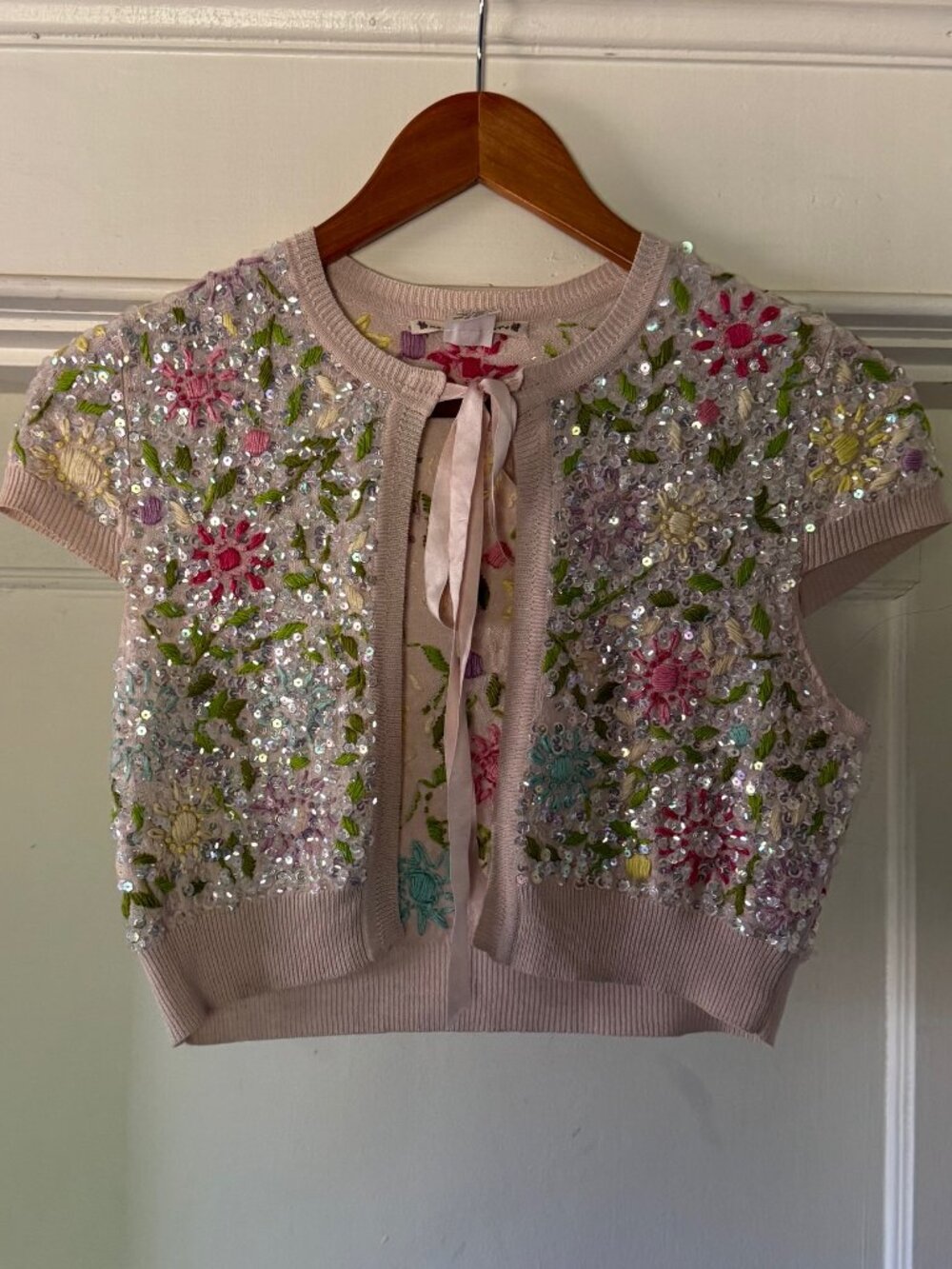 Nanette Lepore Beaded Short Sleeve Cardigan Spring Sweater Small